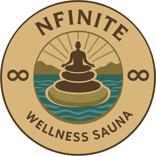 NFinite Wellness Sauna badge logo with a meditating figure, stacked stones, mountains and water