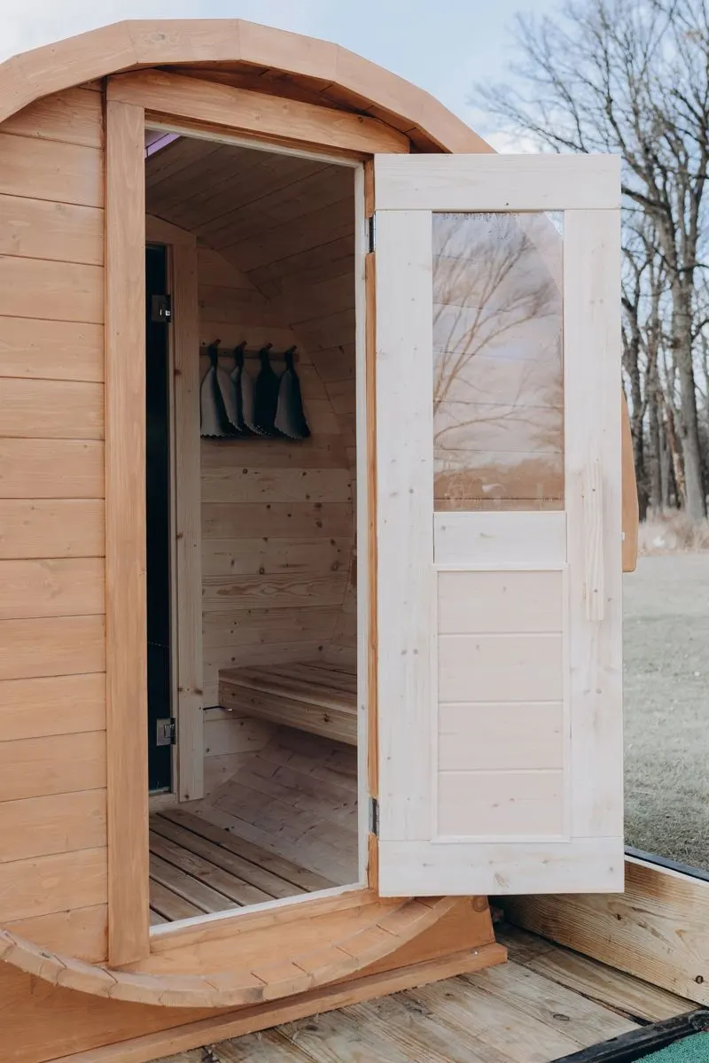Looking into the sauna through the open door